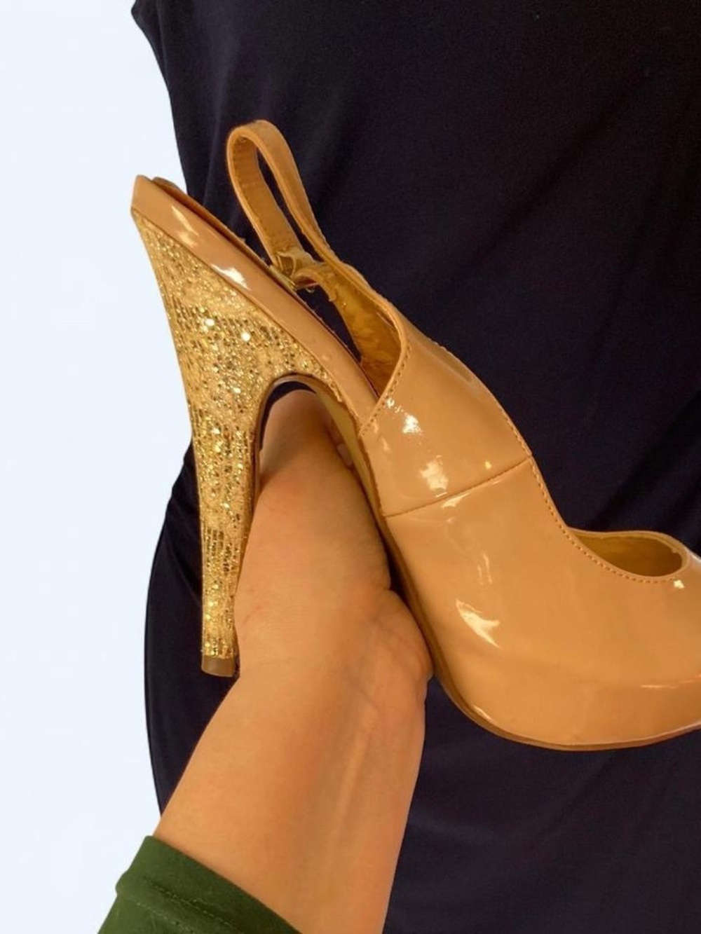 Eve Nude Patent Slingback Pumps with Gold Glitter Heel 8.5